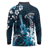 Hawaii Ukulele Long Sleeve Polo Shirt Polynesian Pattern Mix Hibiscus Blue Version LT05