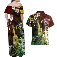 Hawaii Ukulele Couples Matching Off Shoulder Maxi Dress and Hawaiian Shirt Polynesian Pattern Mix Hibiscus Reggae Version LT05
