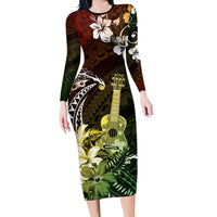 Hawaii Ukulele Family Matching Long Sleeve Bodycon Dress and Hawaiian Shirt Polynesian Pattern Mix Hibiscus Reggae Version LT05