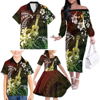 Hawaii Ukulele Family Matching Off The Shoulder Long Sleeve Dress and Hawaiian Shirt Polynesian Pattern Mix Hibiscus Reggae Version LT05