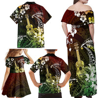 Hawaii Ukulele Family Matching Off Shoulder Maxi Dress and Hawaiian Shirt Polynesian Pattern Mix Hibiscus Reggae Version LT05