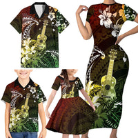 Hawaii Ukulele Family Matching Short Sleeve Bodycon Dress and Hawaiian Shirt Polynesian Pattern Mix Hibiscus Reggae Version LT05