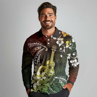 Hawaii Ukulele Long Sleeve Polo Shirt Polynesian Pattern Mix Hibiscus Reggae Version LT05