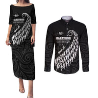 Custom New Zealand Marathon Couples Matching Puletasi and Long Sleeve Button Shirt Maori Style LT05 Black - Polynesian Pride