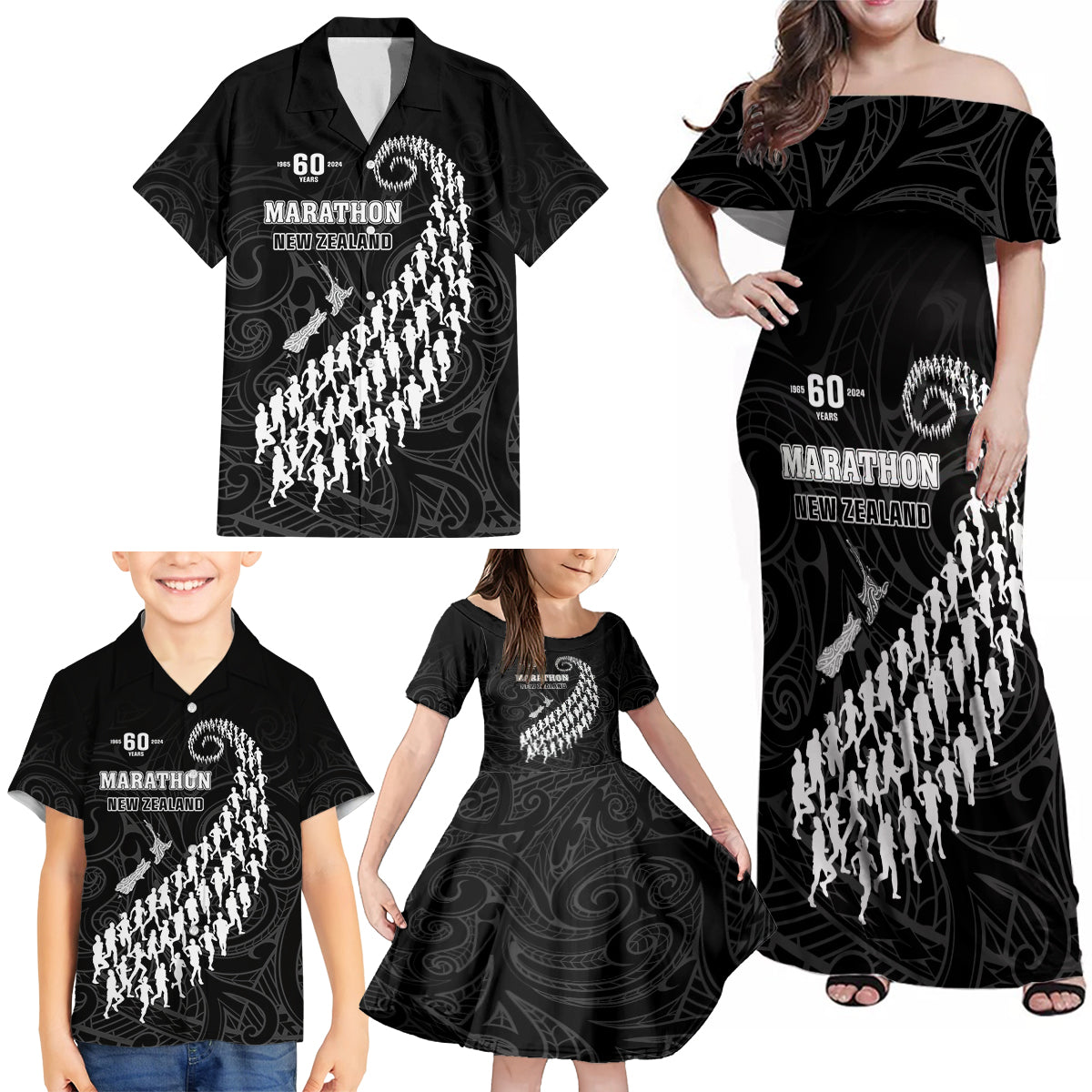Custom New Zealand Marathon Family Matching Off Shoulder Maxi Dress and Hawaiian Shirt Maori Style
