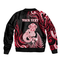 Personalised New Zealand Maori Taniwha Bomber Jacket Silver Fern Red Version