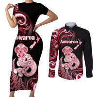 Personalised New Zealand Maori Taniwha Couples Matching Short Sleeve Bodycon Dress and Long Sleeve Button Shirt Silver Fern Red Version