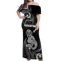 Personalised New Zealand Maori Taniwha Off Shoulder Maxi Dress Silver Fern Black Version LT05 Women Black - Polynesian Pride