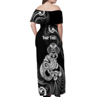 Personalised New Zealand Maori Taniwha Off Shoulder Maxi Dress Silver Fern Black Version LT05 - Polynesian Pride