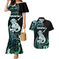 Personalised New Zealand Maori Taniwha Couples Matching Mermaid Dress and Hawaiian Shirt Silver Fern Paua Shell Version LT05 Turquoise - Polynesian Pride