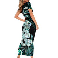 Personalised New Zealand Maori Taniwha Family Matching Short Sleeve Bodycon Dress and Hawaiian Shirt Silver Fern Paua Shell Version