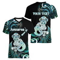 Personalised New Zealand Maori Taniwha Women V-Neck T-Shirt Silver Fern Paua Shell Version