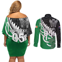 New Zealand And Ireland Rugby Custom Couples Matching Off Shoulder Short Dress and Long Sleeve Button Shirt Silver Fern With Celtic Cross