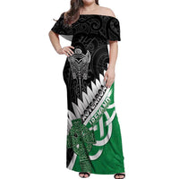 New Zealand And Ireland Rugby Custom Off Shoulder Maxi Dress Silver Fern With Celtic Cross
