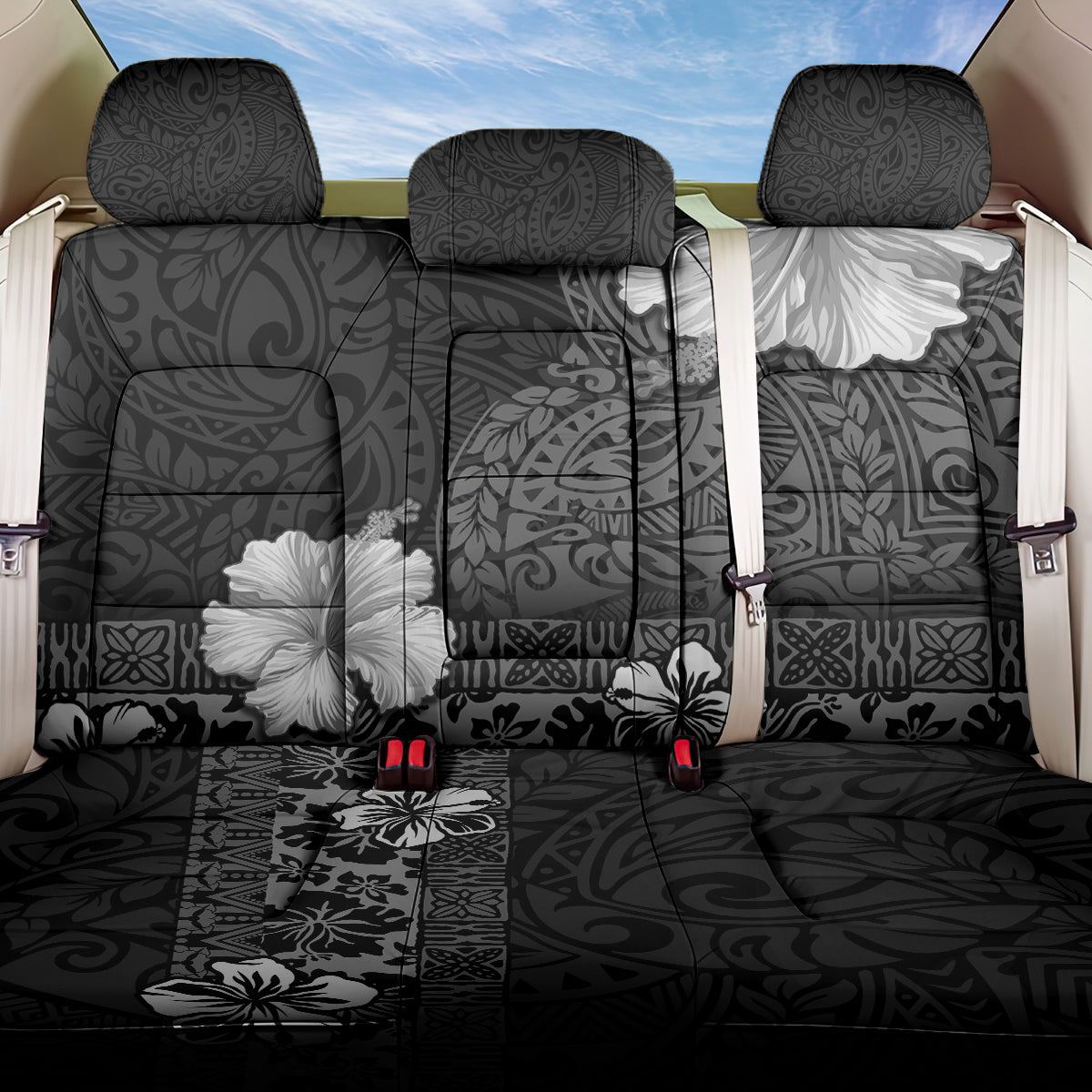 Hawaii Hibiscus With Black Polynesian Pattern Back Car Seat Cover