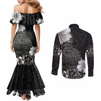 Hawaii Hibiscus With Black Polynesian Pattern Couples Matching Mermaid Dress and Long Sleeve Button Shirt