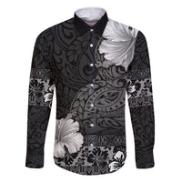 Hawaii Hibiscus With Black Polynesian Pattern Family Matching Off Shoulder Maxi Dress and Hawaiian Shirt LT05 Dad's Shirt - Long Sleeve Black - Polynesian Pride