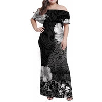 Hawaii Hibiscus With Black Polynesian Pattern Family Matching Off Shoulder Maxi Dress and Hawaiian Shirt LT05 Mom's Dress Black - Polynesian Pride