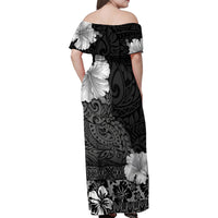 Hawaii Hibiscus With Black Polynesian Pattern Family Matching Off Shoulder Maxi Dress and Hawaiian Shirt LT05 - Polynesian Pride