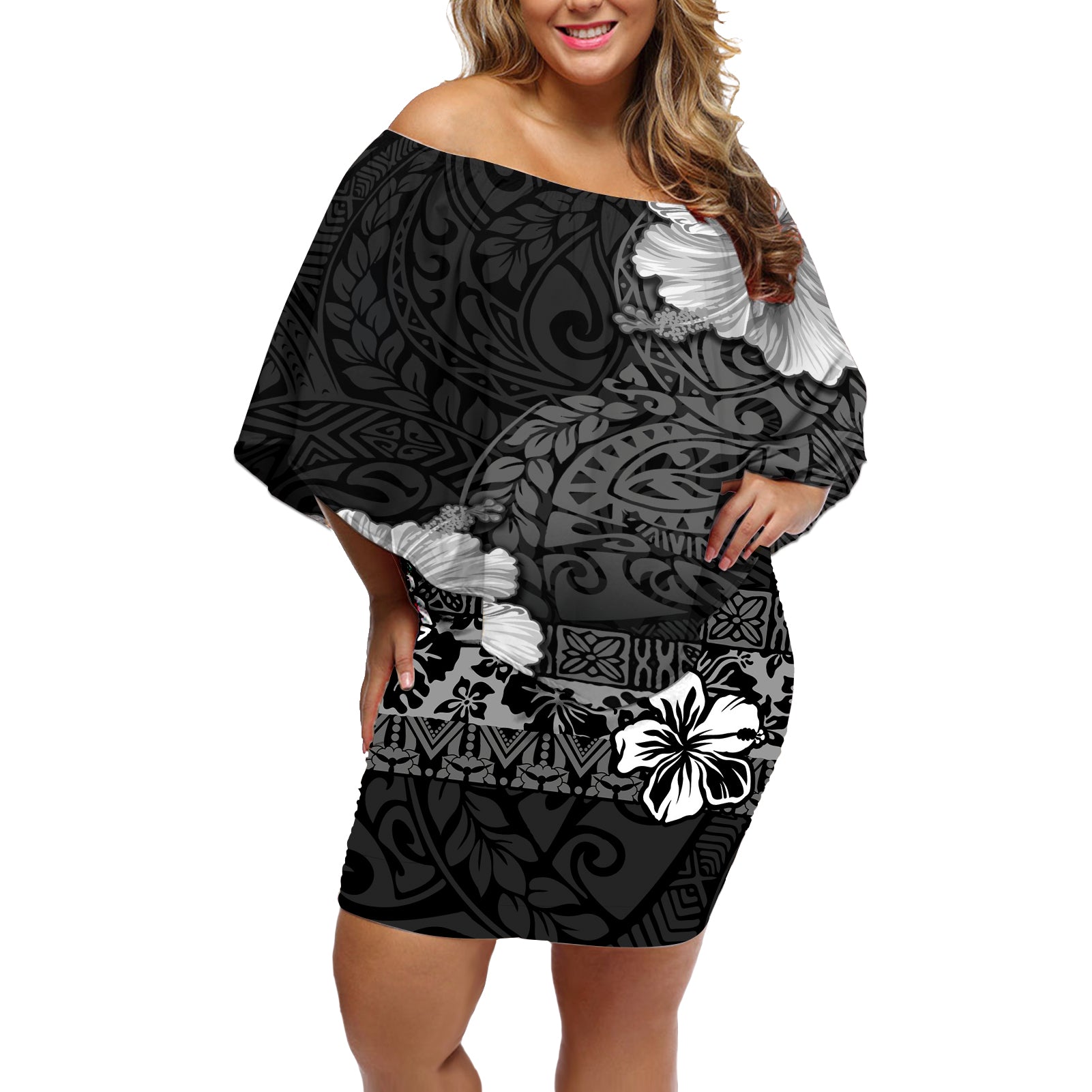 Hawaii Hibiscus With Black Polynesian Pattern Off Shoulder Short Dress