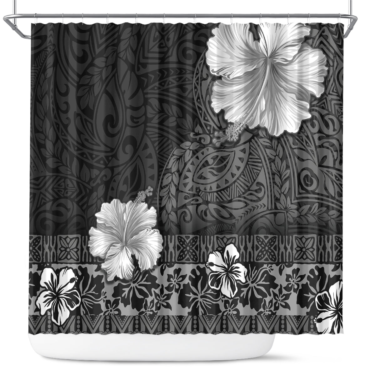 Hawaii Hibiscus With Black Polynesian Pattern Shower Curtain