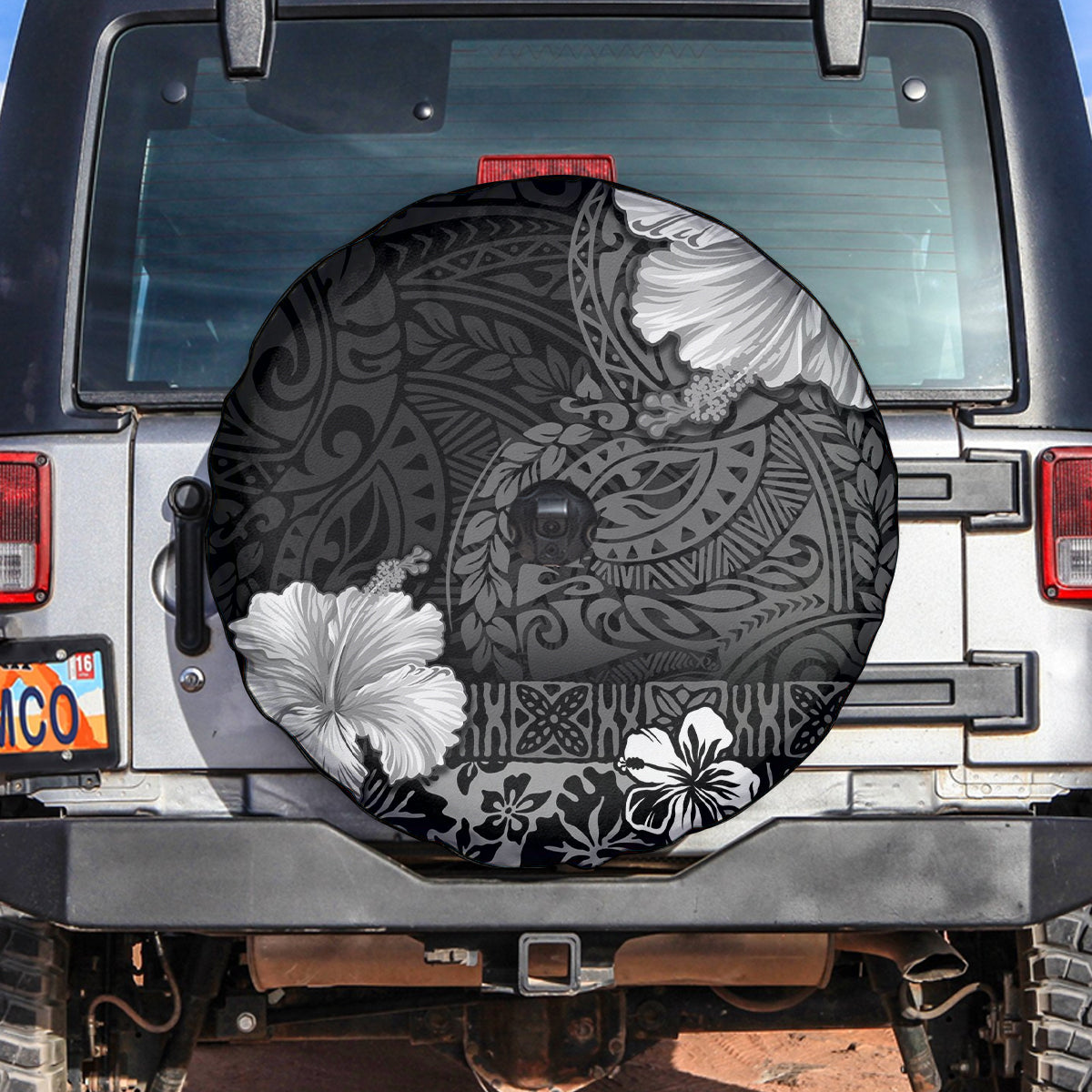 Hawaii Hibiscus With Black Polynesian Pattern Spare Tire Cover
