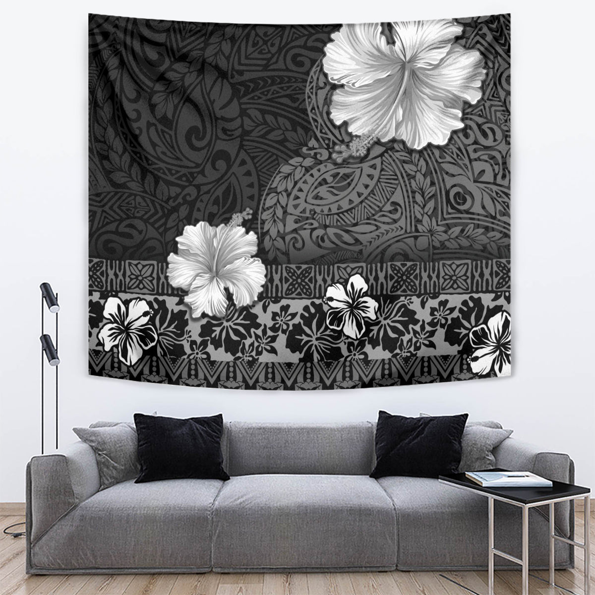 Hawaii Hibiscus With Black Polynesian Pattern Tapestry