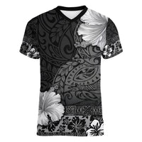 Hawaii Hibiscus With Black Polynesian Pattern Women V-Neck T-Shirt
