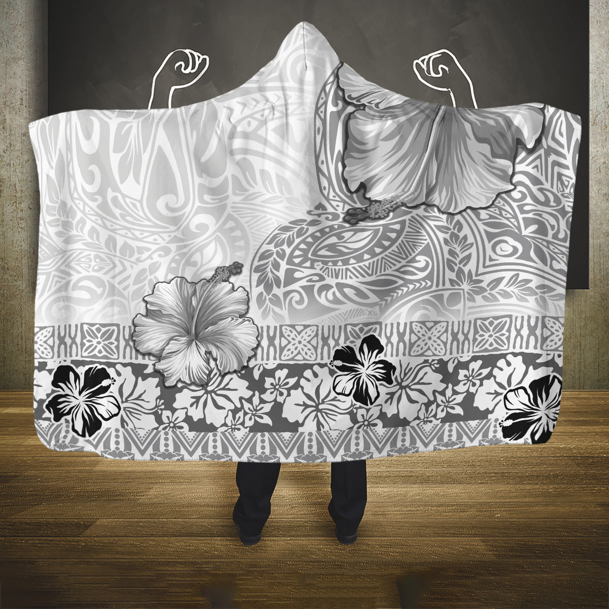 Hawaii Hibiscus With White Polynesian Pattern Hooded Blanket