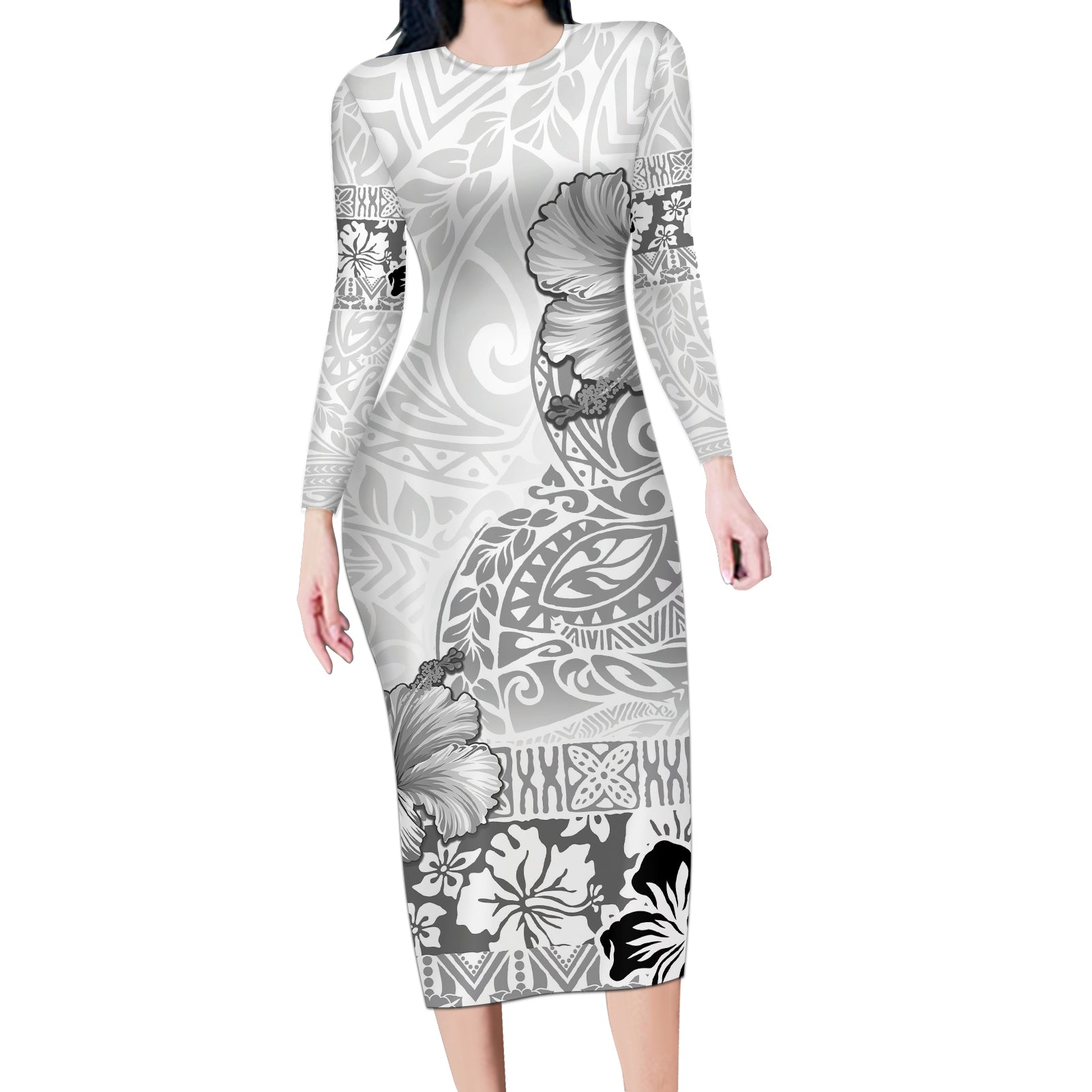Hawaii Hibiscus With White Polynesian Pattern Long Sleeve Bodycon Dress