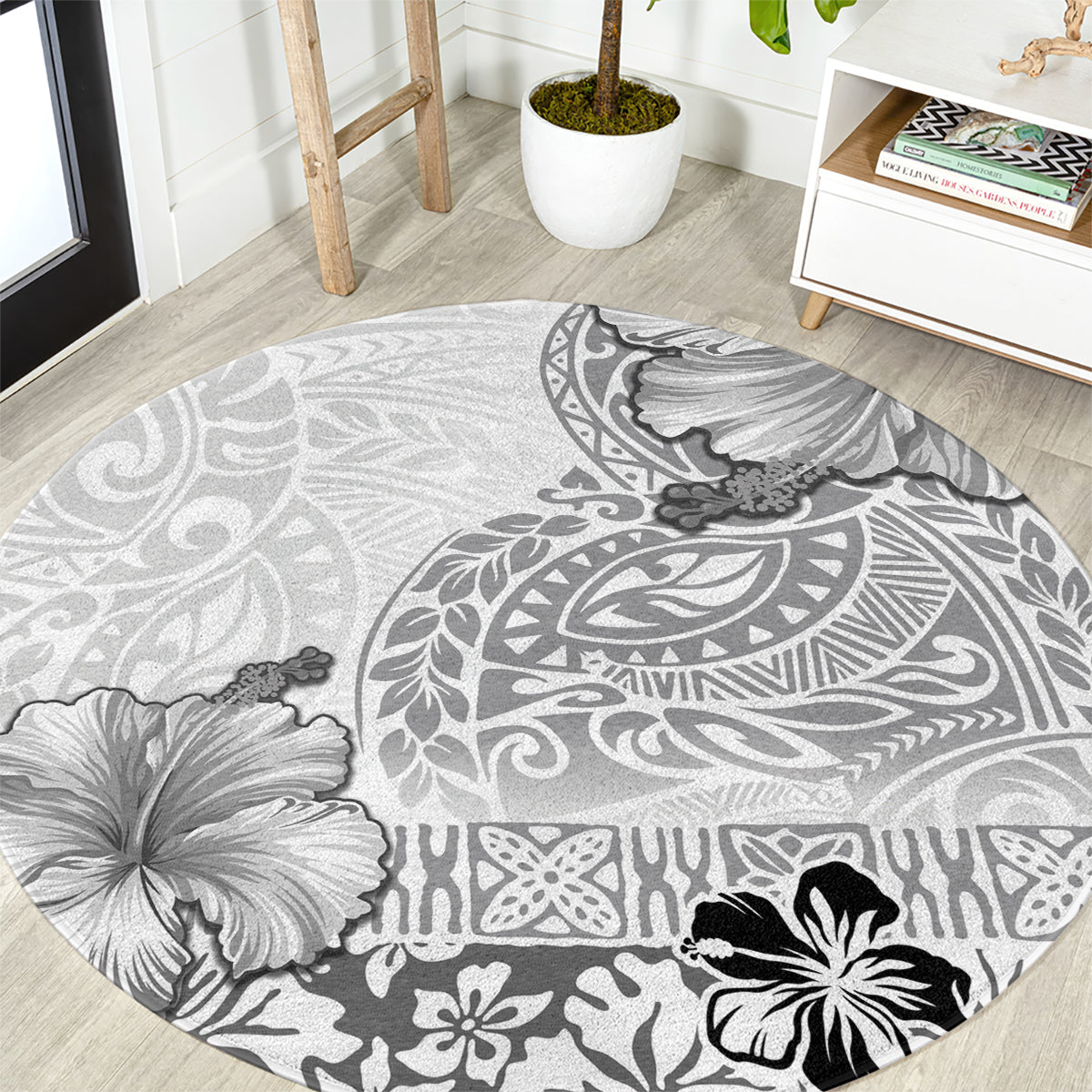 Hawaii Hibiscus With White Polynesian Pattern Round Carpet