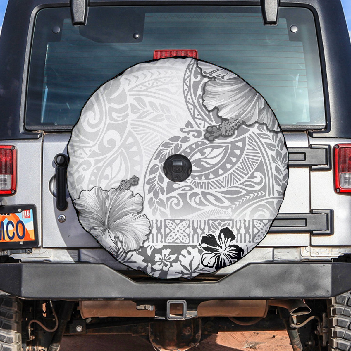 Hawaii Hibiscus With White Polynesian Pattern Spare Tire Cover