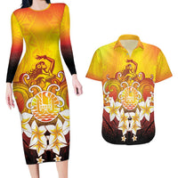 Tahiti Heiva Festival Couples Matching Long Sleeve Bodycon Dress and Hawaiian Shirt Tahitian Vahine Plumeria Flowers