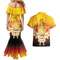 Tahiti Heiva Festival Couples Matching Mermaid Dress and Hawaiian Shirt Tahitian Vahine Plumeria Flowers