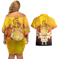 Tahiti Heiva Festival Couples Matching Off Shoulder Short Dress and Hawaiian Shirt Tahitian Vahine Plumeria Flowers