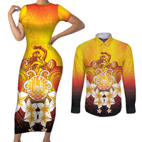 Tahiti Heiva Festival Couples Matching Short Sleeve Bodycon Dress and Long Sleeve Button Shirt Tahitian Vahine Plumeria Flowers