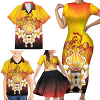 Tahiti Heiva Festival Family Matching Short Sleeve Bodycon Dress and Hawaiian Shirt Tahitian Vahine Plumeria Flowers