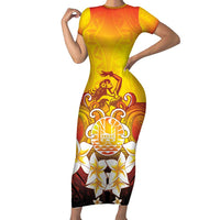 Tahiti Heiva Festival Family Matching Short Sleeve Bodycon Dress and Hawaiian Shirt Tahitian Vahine Plumeria Flowers