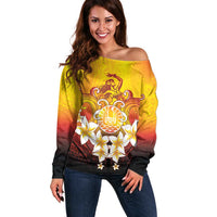 Tahiti Heiva Festival Off Shoulder Sweater Tahitian Vahine Plumeria Flowers