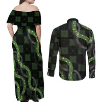 Hawaiian Quilt Couples Matching Off Shoulder Maxi Dress and Long Sleeve Button Shirt Pele Hair Hinahina Lei Black Version