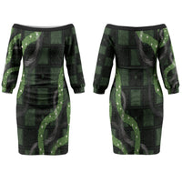 Hawaiian Quilt Couples Matching Off The Shoulder Long Sleeve Dress and Hawaiian Shirt Pele Hair Hinahina Lei Black Version LT05 - Polynesian Pride