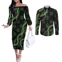 Hawaiian Quilt Couples Matching Off The Shoulder Long Sleeve Dress and Long Sleeve Button Shirt Pele Hair Hinahina Lei Black Version