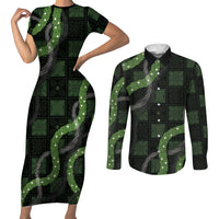 Hawaiian Quilt Couples Matching Short Sleeve Bodycon Dress and Long Sleeve Button Shirt Pele Hair Hinahina Lei Black Version