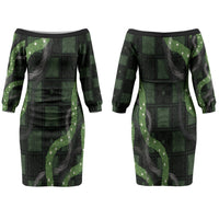 Hawaiian Quilt Family Matching Off The Shoulder Long Sleeve Dress and Hawaiian Shirt Pele Hair Hinahina Lei Black Version LT05 Mom's Dress Black - Polynesian Pride