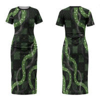Hawaiian Quilt Family Matching Short Sleeve Bodycon Dress and Hawaiian Shirt Pele Hair Hinahina Lei Black Version LT05 Mom's Dress Black - Polynesian Pride