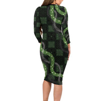 Hawaiian Quilt Long Sleeve Bodycon Dress Pele Hair Hinahina Lei Black Version