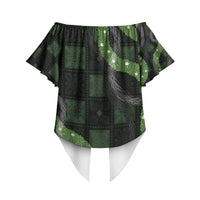 Hawaiian Quilt Off Shoulder Wrap Waist Top Pele Hair Hinahina Lei Black Version LT05 - Polynesian Pride