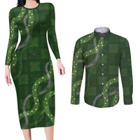 Hawaiian Quilt Couples Matching Long Sleeve Bodycon Dress and Long Sleeve Button Shirt Pele Hair Hinahina Lei Green Version