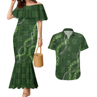 Hawaiian Quilt Couples Matching Mermaid Dress and Hawaiian Shirt Pele Hair Hinahina Lei Green Version