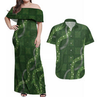 Hawaiian Quilt Couples Matching Off Shoulder Maxi Dress and Hawaiian Shirt Pele Hair Hinahina Lei Green Version